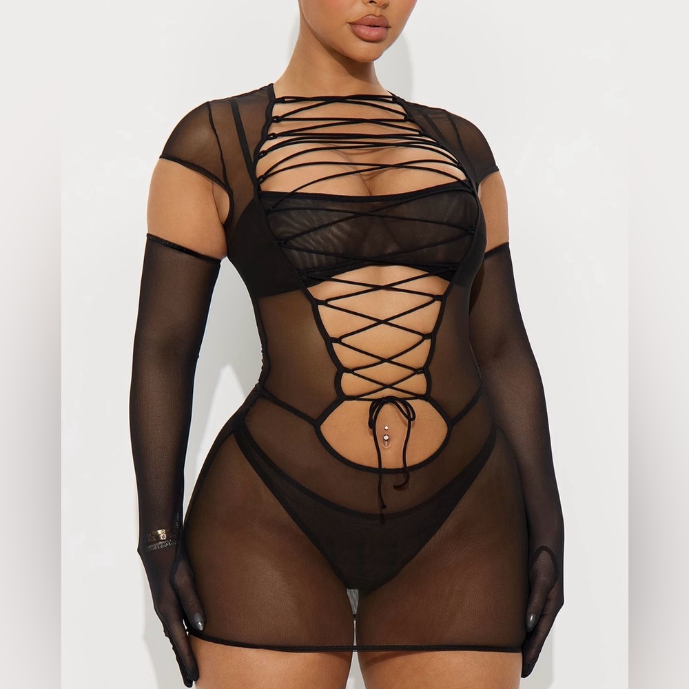 NWT Mesh Lace Up Chemise With Gloves Lingerie Set Small